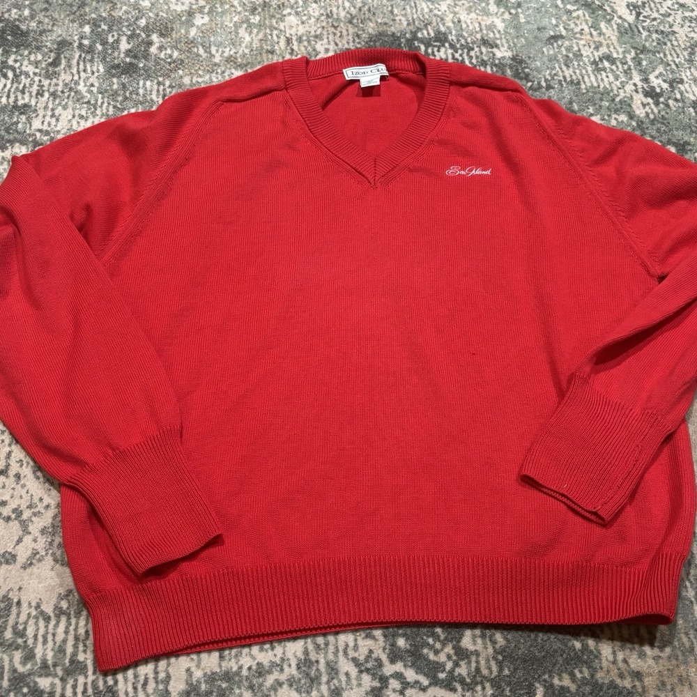 Vintage 90s Izod Club Red V-Neck Sweater Mens XXL Sea Palms USA Egyptian Cotton